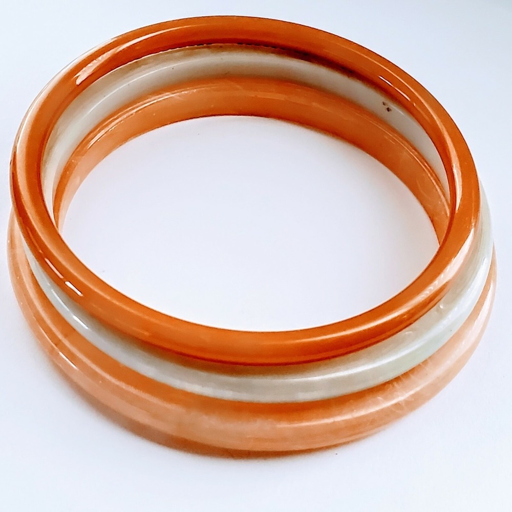Vintage Bangle Bracelet Set Lucite Medium Salmon Cream Orange Marbled 3pc‎ Stack
